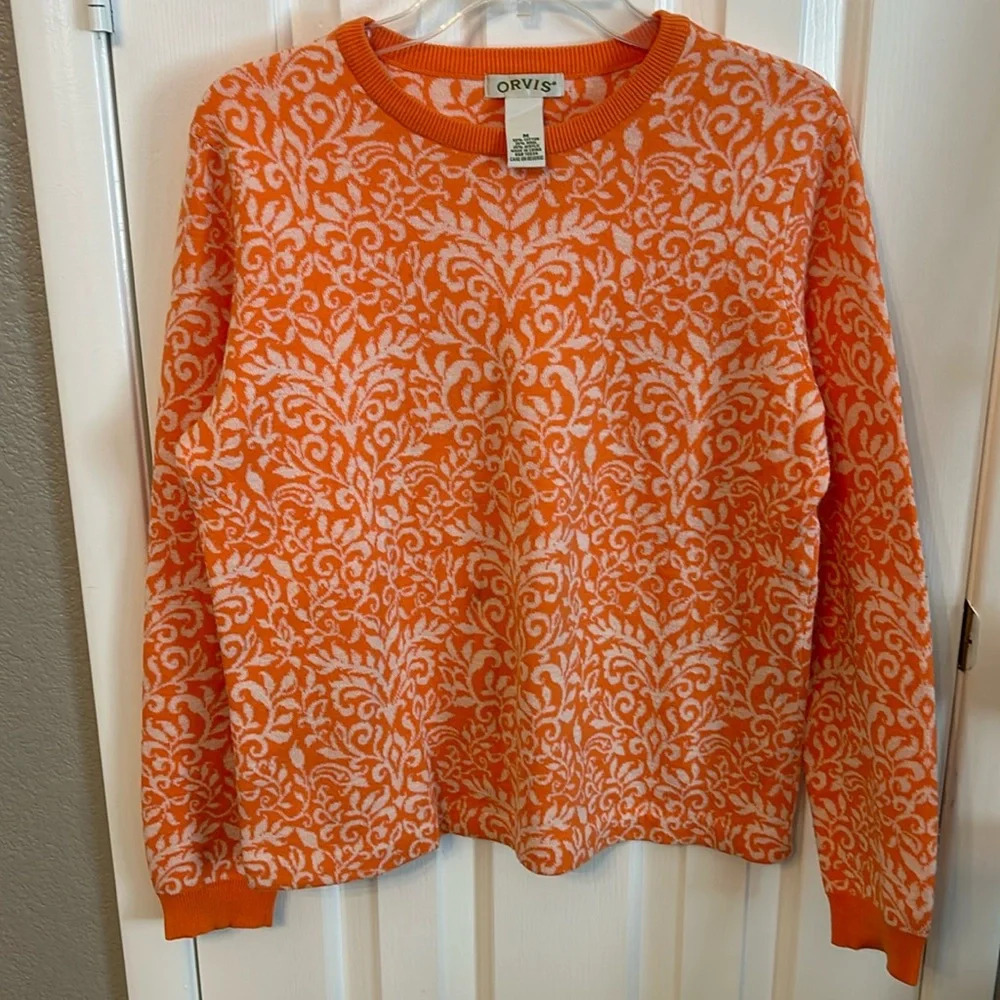 Orvis Women’s (M) Orange/White Wool Blend Pullover Floral Sweater Winter Fall